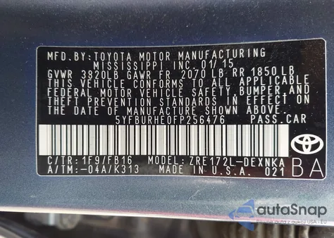 2015 Toyota Corolla Le from USA, damaged, VIN 5YFBURHE0FP256476